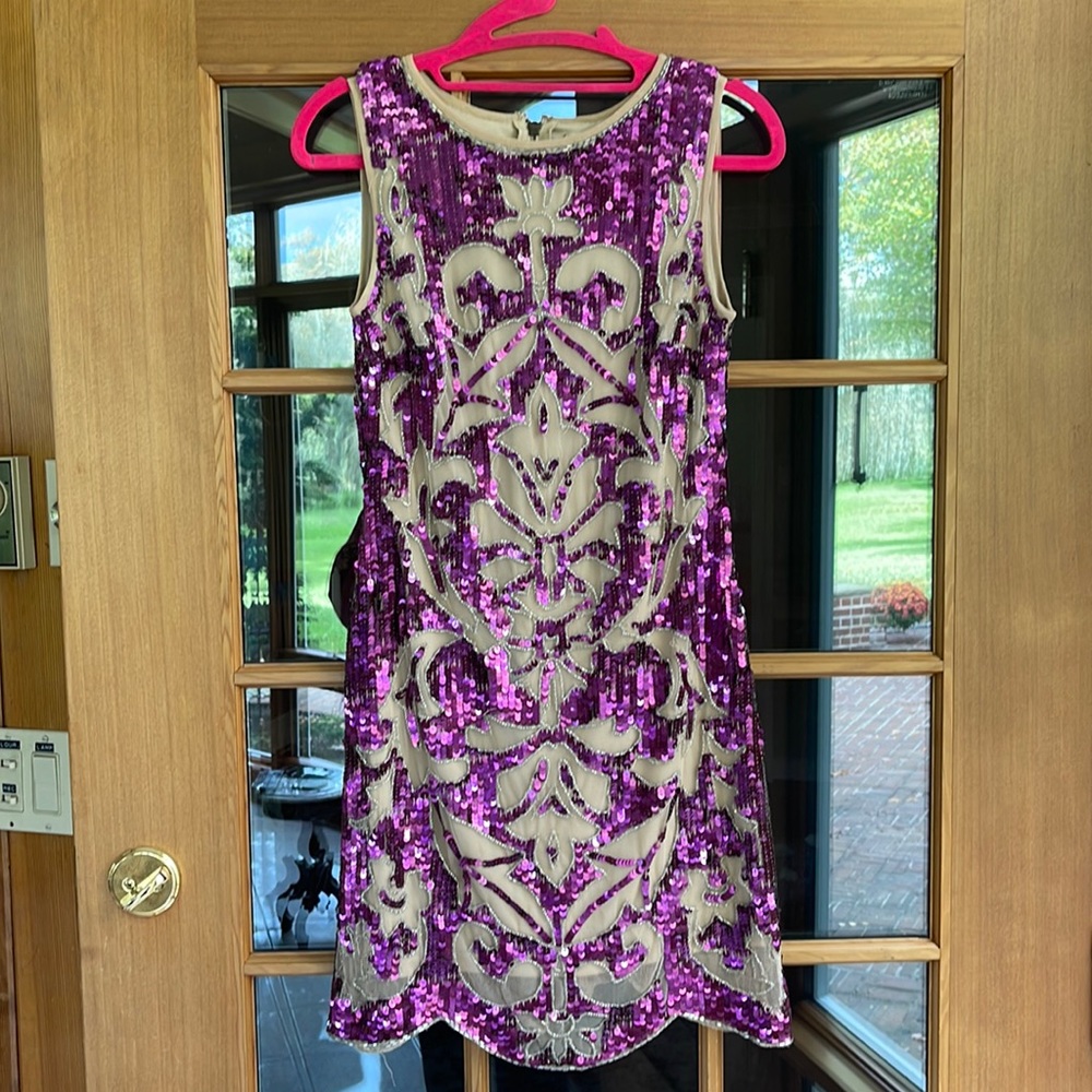 Sparkling purple sequin and beaded cocktail dress with beige background Size 6